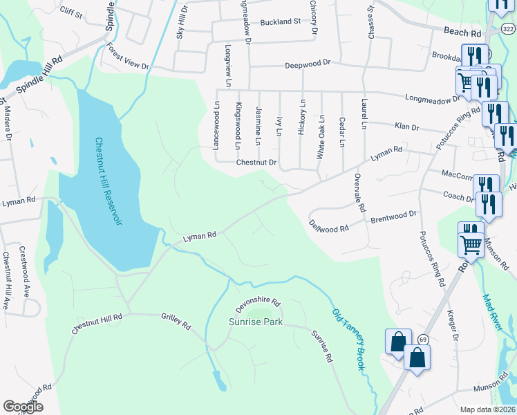 map of restaurants, bars, coffee shops, grocery stores, and more near 276 Lyman Road in Wolcott