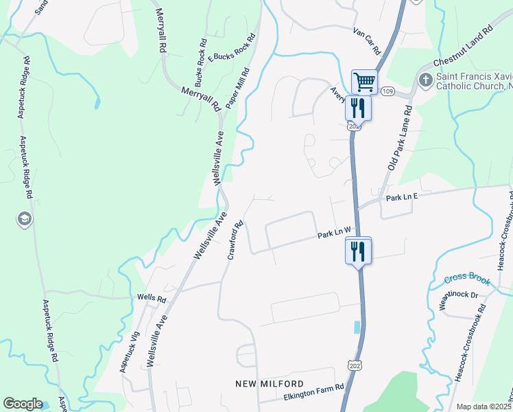 map of restaurants, bars, coffee shops, grocery stores, and more near 2 Santa Lane in New Milford
