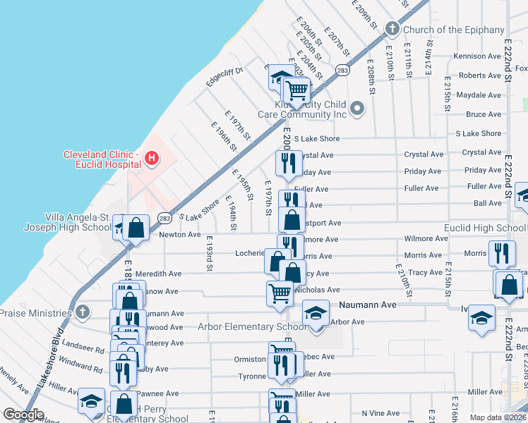 map of restaurants, bars, coffee shops, grocery stores, and more near 340 East 197th Street in Euclid