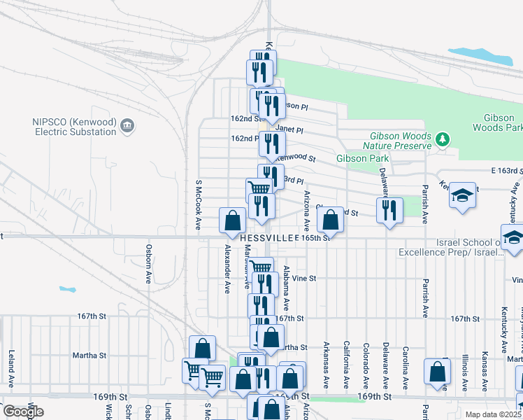 map of restaurants, bars, coffee shops, grocery stores, and more near 2735 164th Pl in Hammond