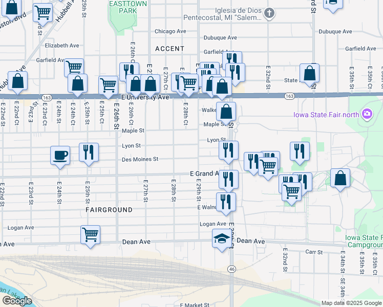map of restaurants, bars, coffee shops, grocery stores, and more near 2901 Des Moines Street in Des Moines