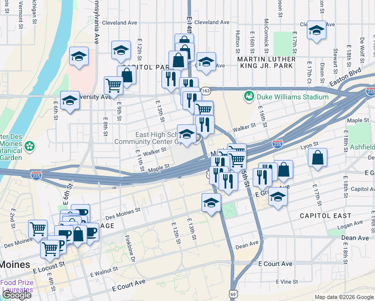 map of restaurants, bars, coffee shops, grocery stores, and more near 815 East 13th Street in Des Moines