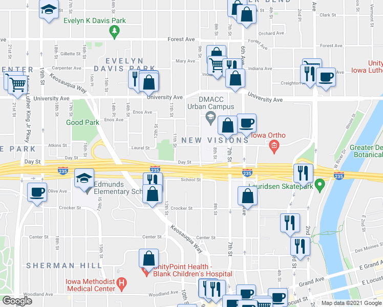 map of restaurants, bars, coffee shops, grocery stores, and more near 1020 9th Street in Des Moines