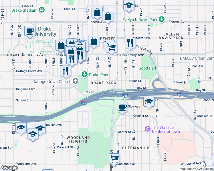map of restaurants, bars, coffee shops, grocery stores, and more near 1040 21st Street in Des Moines