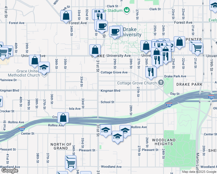 map of restaurants, bars, coffee shops, grocery stores, and more near 2933 Kingman Boulevard in Des Moines