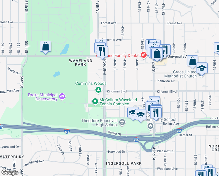 map of restaurants, bars, coffee shops, grocery stores, and more near 4618 Kingman Boulevard in Des Moines