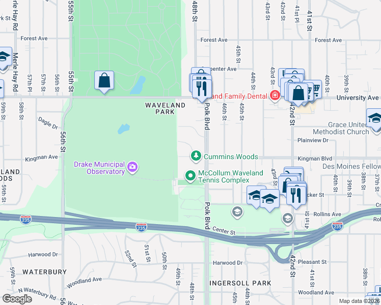 map of restaurants, bars, coffee shops, grocery stores, and more near 4800 Kingman Boulevard in Des Moines