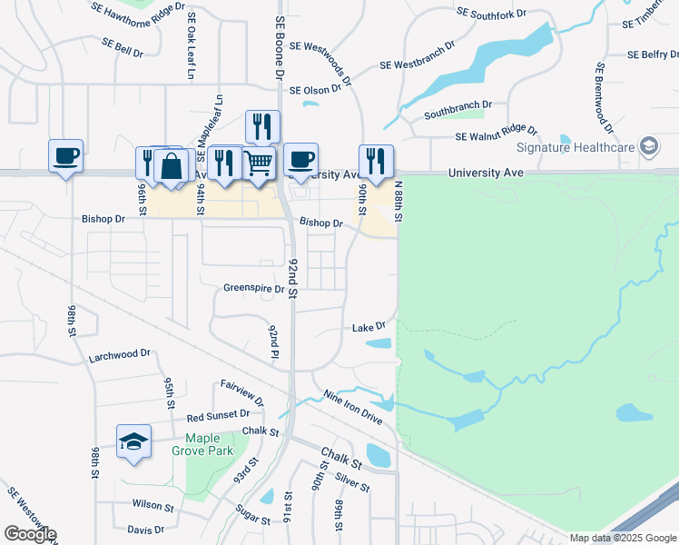 map of restaurants, bars, coffee shops, grocery stores, and more near Coneflower Drive in West Des Moines