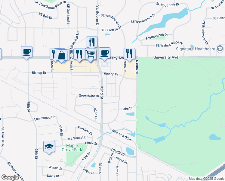 map of restaurants, bars, coffee shops, grocery stores, and more near Coneflower Drive in West Des Moines