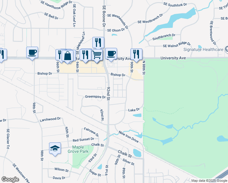 map of restaurants, bars, coffee shops, grocery stores, and more near Greenspire Drive in West Des Moines