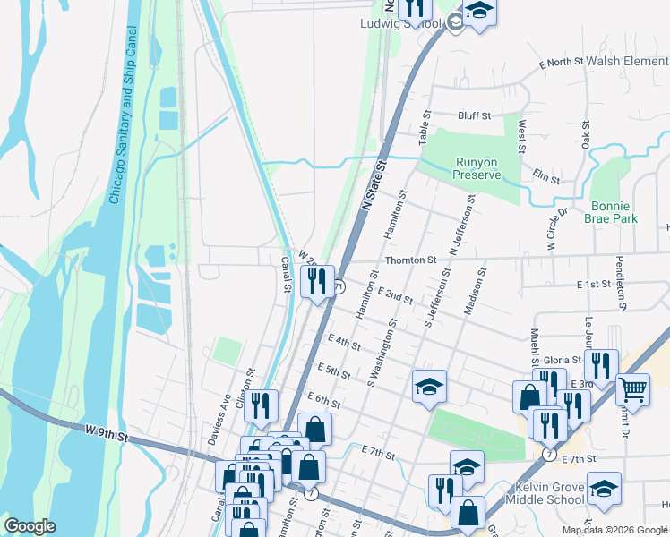 map of restaurants, bars, coffee shops, grocery stores, and more near 201 South State Street in Lockport