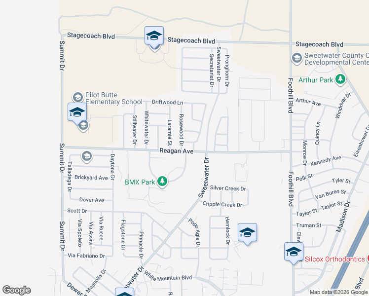 map of restaurants, bars, coffee shops, grocery stores, and more near 903 Rosewood Drive in Rock Springs