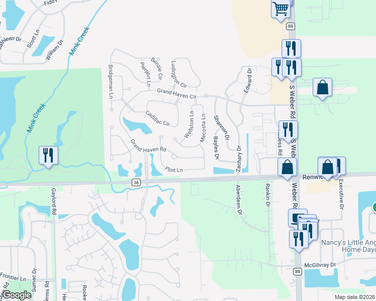 map of restaurants, bars, coffee shops, grocery stores, and more near 1474 Grand Haven Road in Romeoville