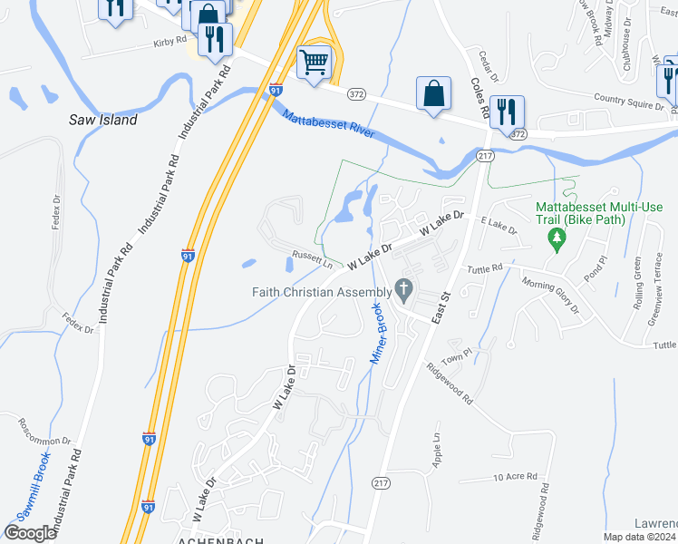 map of restaurants, bars, coffee shops, grocery stores, and more near 2 Russett Lane in Middletown
