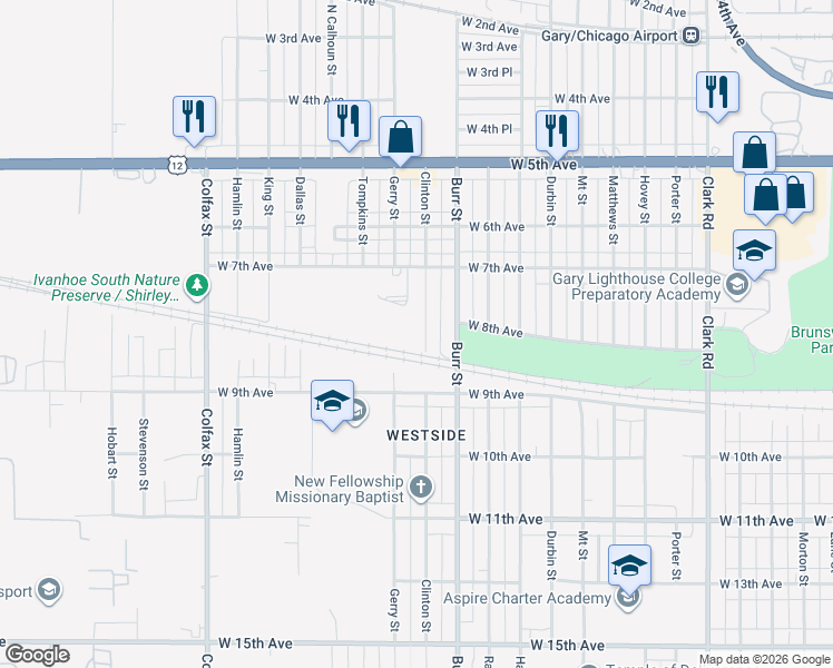 map of restaurants, bars, coffee shops, grocery stores, and more near 822 Clinton Street in Gary