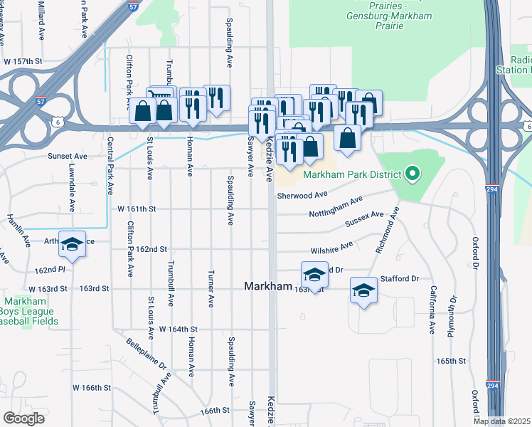map of restaurants, bars, coffee shops, grocery stores, and more near 16104 Kedzie Avenue in Markham