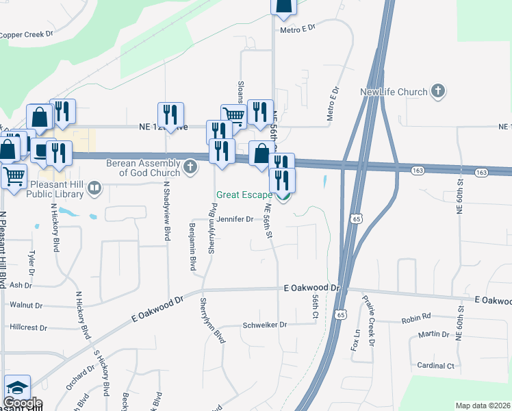 map of restaurants, bars, coffee shops, grocery stores, and more near 600 Northeast 56th Street in Pleasant Hill
