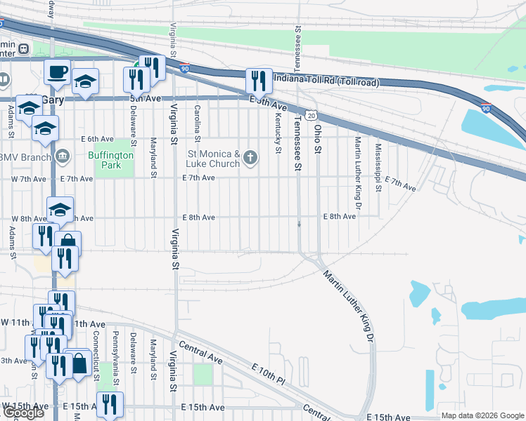 map of restaurants, bars, coffee shops, grocery stores, and more near 801 Vermont Street in Gary