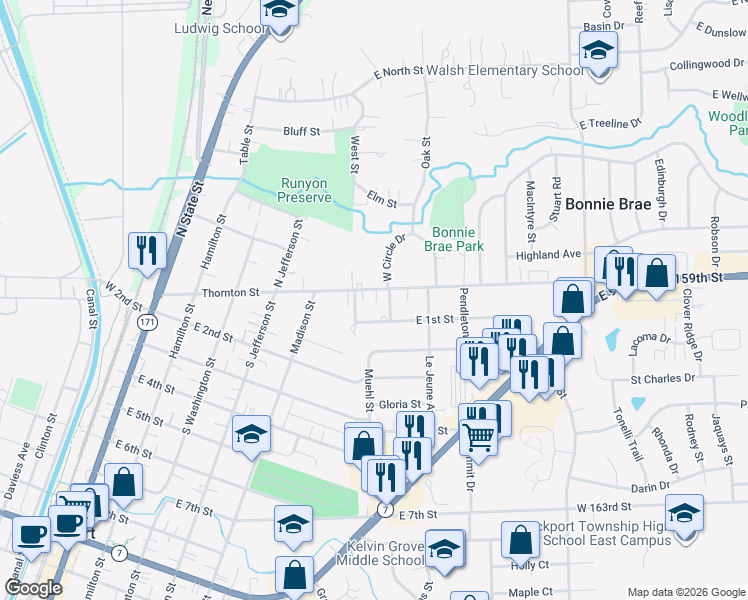 map of restaurants, bars, coffee shops, grocery stores, and more near 610 East 1st Street in Lockport