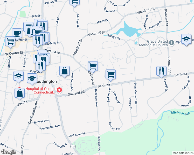 map of restaurants, bars, coffee shops, grocery stores, and more near 25 Prosperity Court in Southington