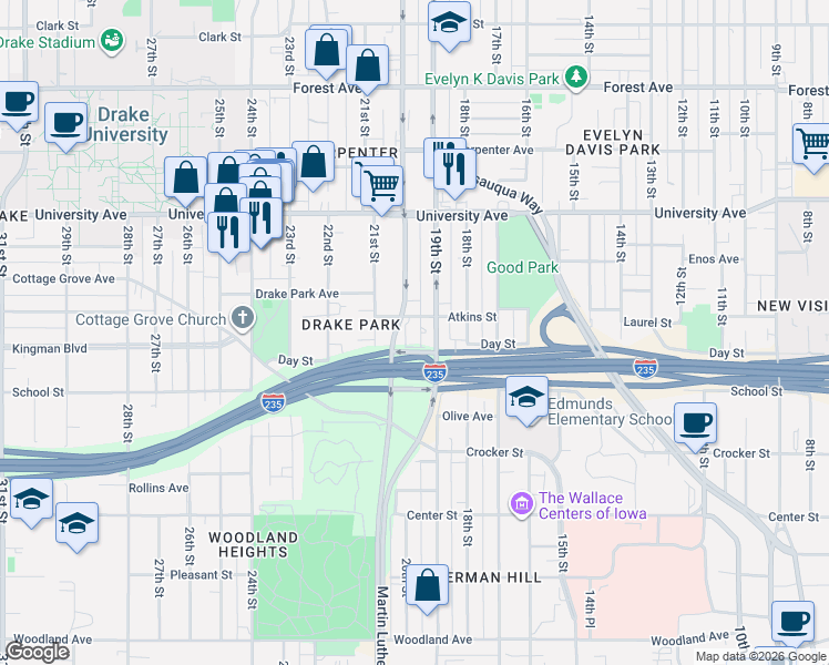 map of restaurants, bars, coffee shops, grocery stores, and more near 1035 Martin Luther King Junior Parkway in Des Moines