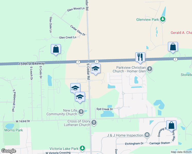 map of restaurants, bars, coffee shops, grocery stores, and more near 16025 South Cedar Road in Lockport