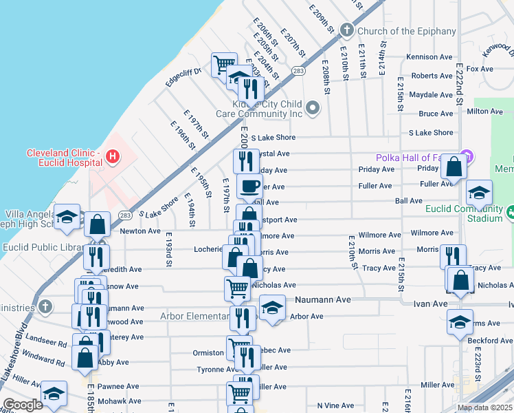 map of restaurants, bars, coffee shops, grocery stores, and more near 20100 Ball Avenue in Euclid