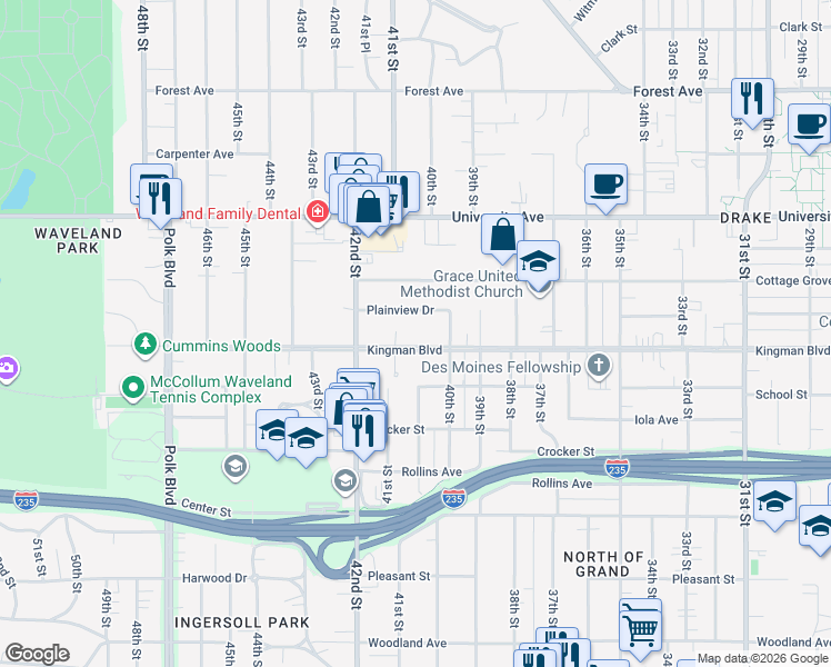 map of restaurants, bars, coffee shops, grocery stores, and more near 4026 Kingman Boulevard in Des Moines