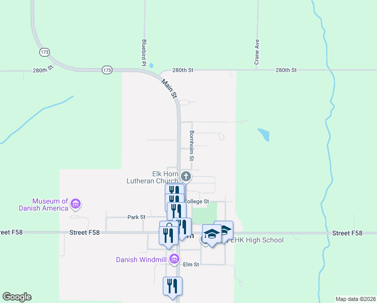 map of restaurants, bars, coffee shops, grocery stores, and more near 4405 Main Street in Elk Horn