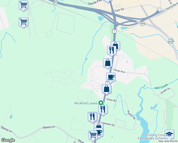 map of restaurants, bars, coffee shops, grocery stores, and more near 62 Morningside Drive in North Kingstown