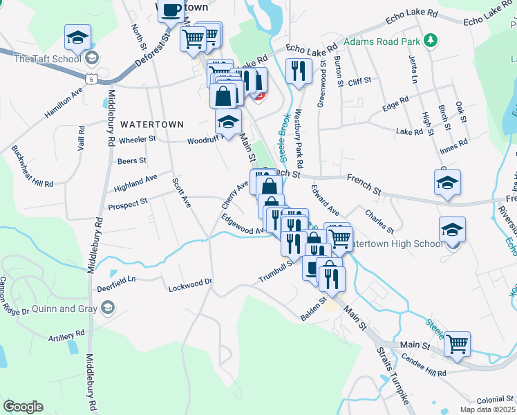 map of restaurants, bars, coffee shops, grocery stores, and more near 1008 Main Street in Watertown