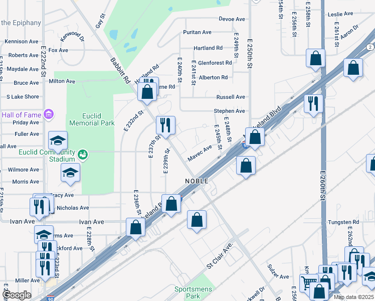 map of restaurants, bars, coffee shops, grocery stores, and more near 24351 Mavec Avenue in Euclid