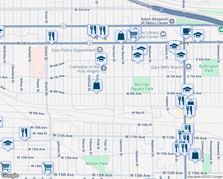 map of restaurants, bars, coffee shops, grocery stores, and more near 835 West 8th Avenue in Gary