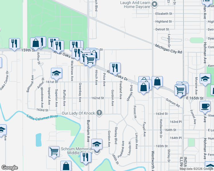 map of restaurants, bars, coffee shops, grocery stores, and more near 1321 Price Avenue in Calumet City