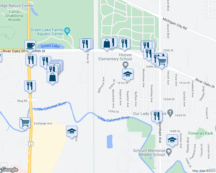 map of restaurants, bars, coffee shops, grocery stores, and more near 1330 Arthur Street in Calumet City