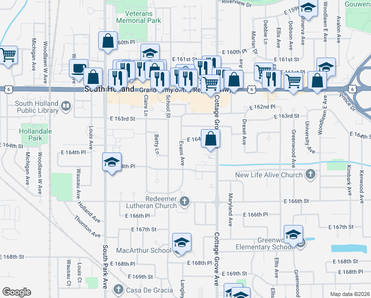 map of restaurants, bars, coffee shops, grocery stores, and more near 16419 Evans Avenue in South Holland