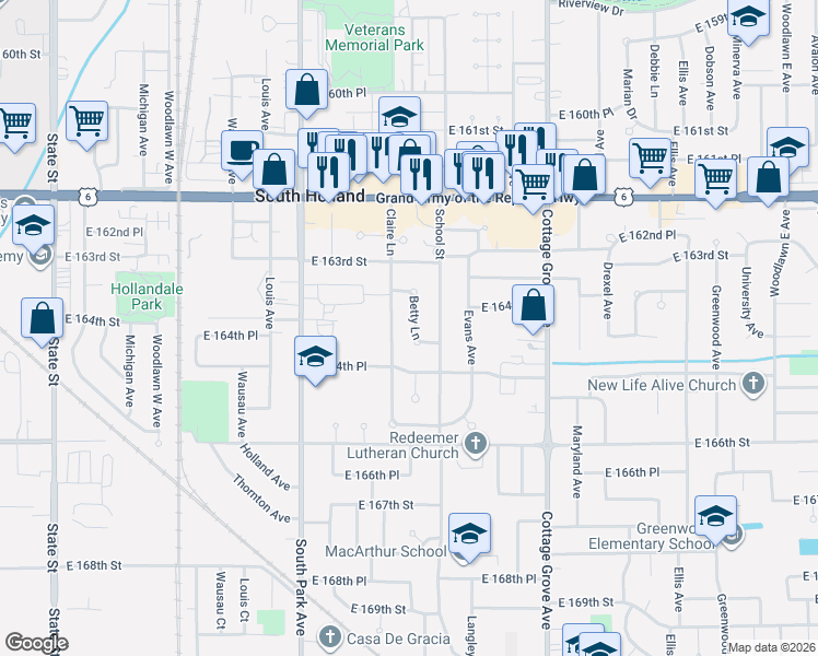 map of restaurants, bars, coffee shops, grocery stores, and more near 16416 Betty Lane in South Holland