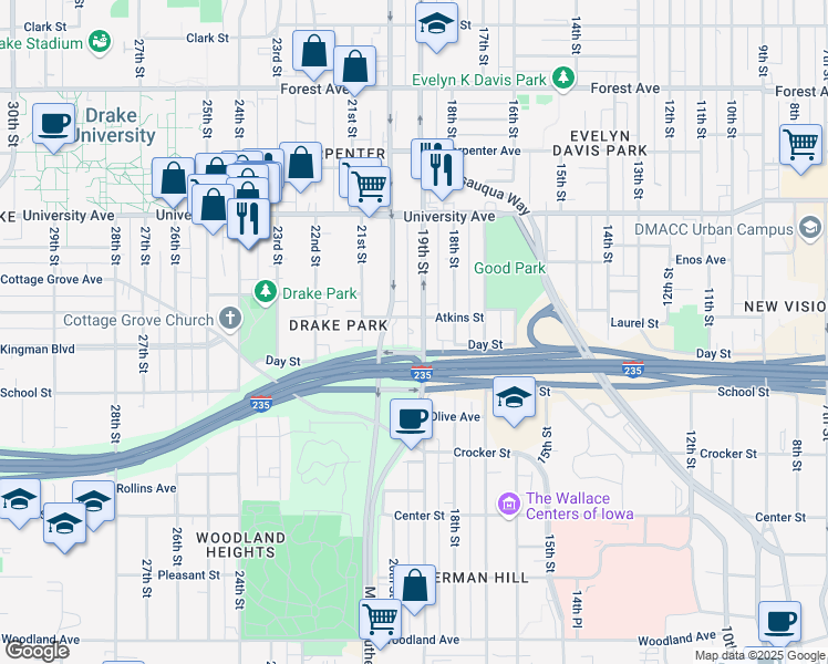 map of restaurants, bars, coffee shops, grocery stores, and more near 1035 Martin Luther King Junior Parkway in Des Moines