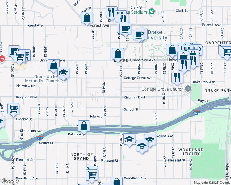 map of restaurants, bars, coffee shops, grocery stores, and more near 3120 Kingman Boulevard in Des Moines