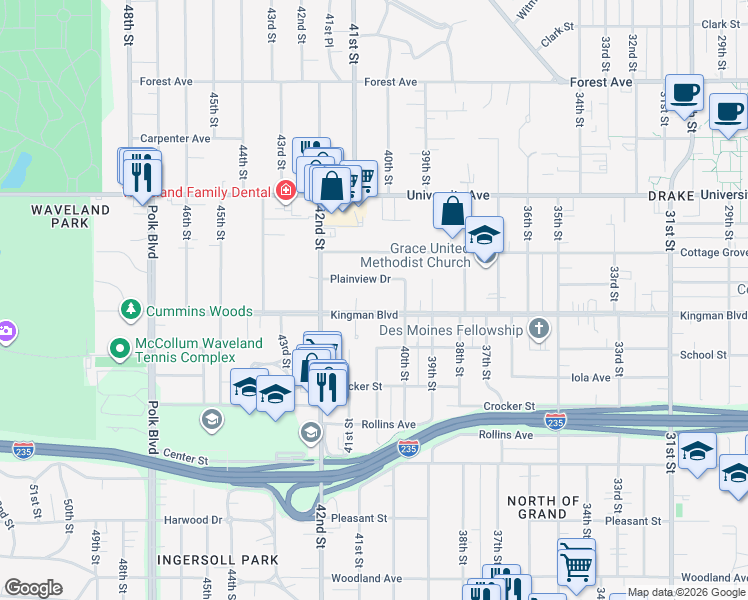 map of restaurants, bars, coffee shops, grocery stores, and more near 4026 Kingman Boulevard in Des Moines