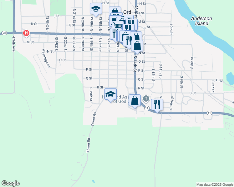 map of restaurants, bars, coffee shops, grocery stores, and more near 820 South 16th Street in Ord