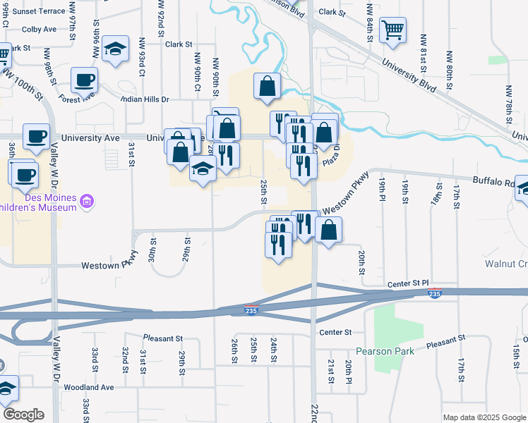 map of restaurants, bars, coffee shops, grocery stores, and more near 1600 25th Street in West Des Moines