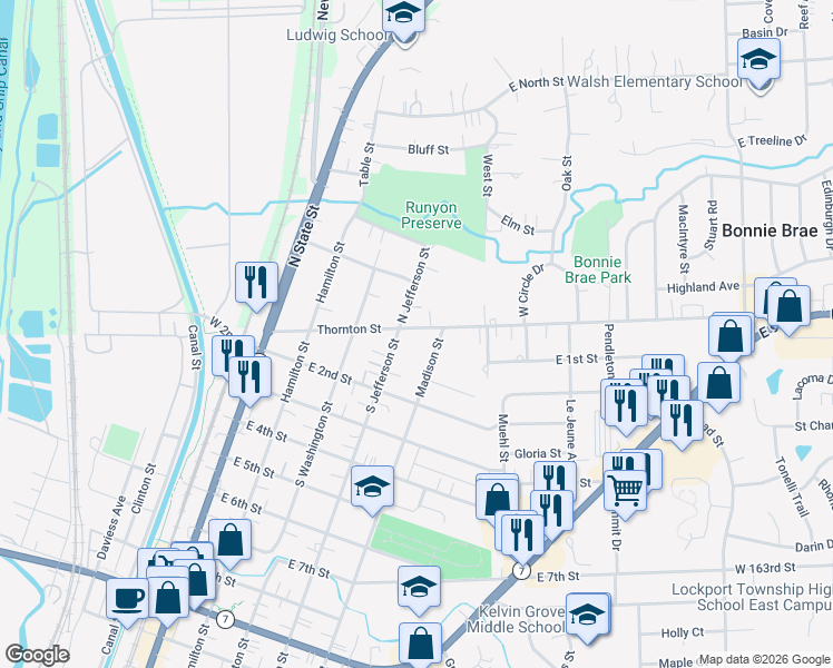 map of restaurants, bars, coffee shops, grocery stores, and more near 417 Thornton Street in Lockport