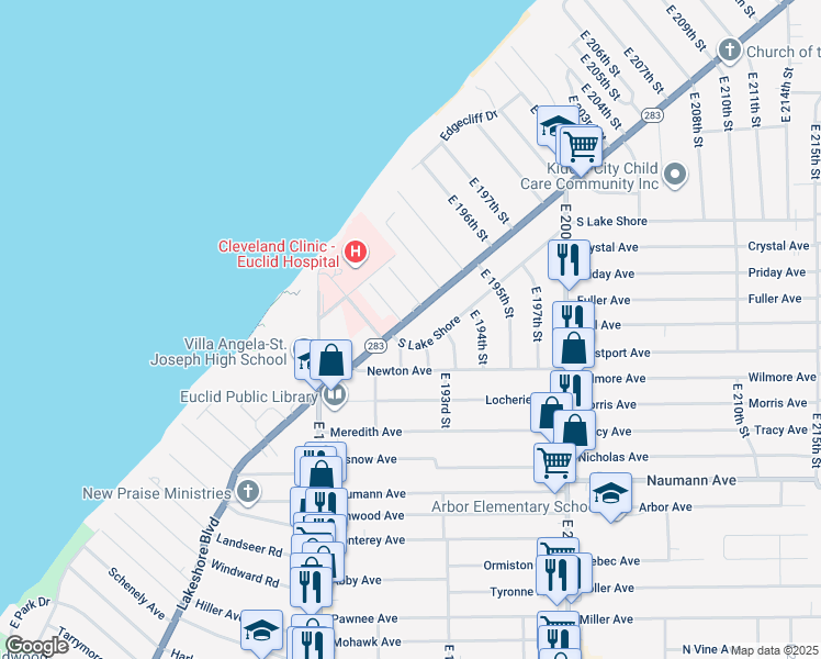 map of restaurants, bars, coffee shops, grocery stores, and more near 19030 Lakeshore Boulevard in Euclid