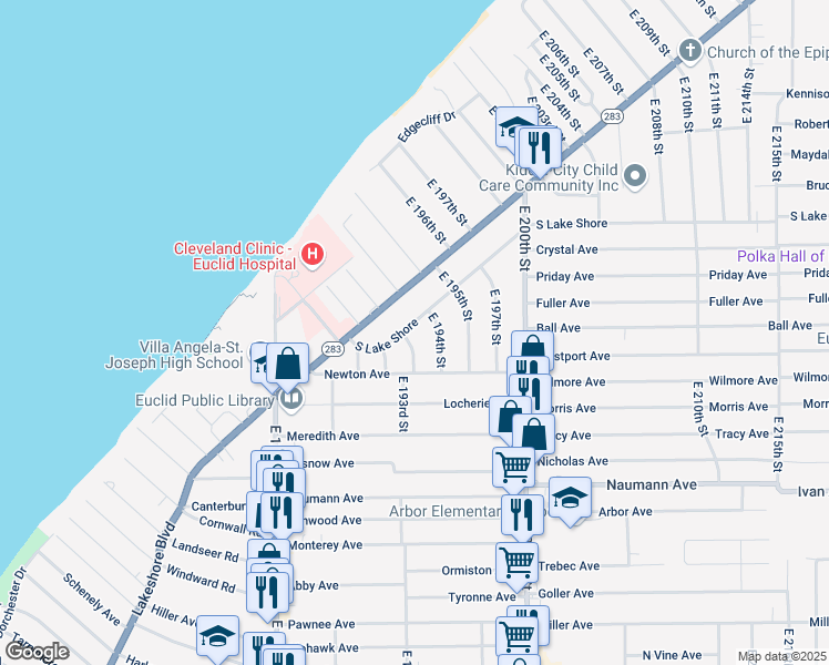 map of restaurants, bars, coffee shops, grocery stores, and more near 19324 South Lake Shore in Euclid