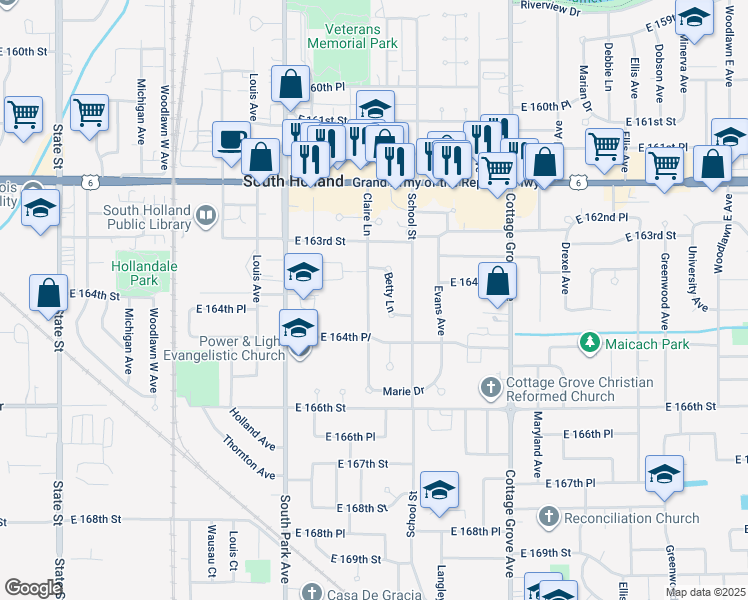 map of restaurants, bars, coffee shops, grocery stores, and more near 16411 Claire Lane in South Holland