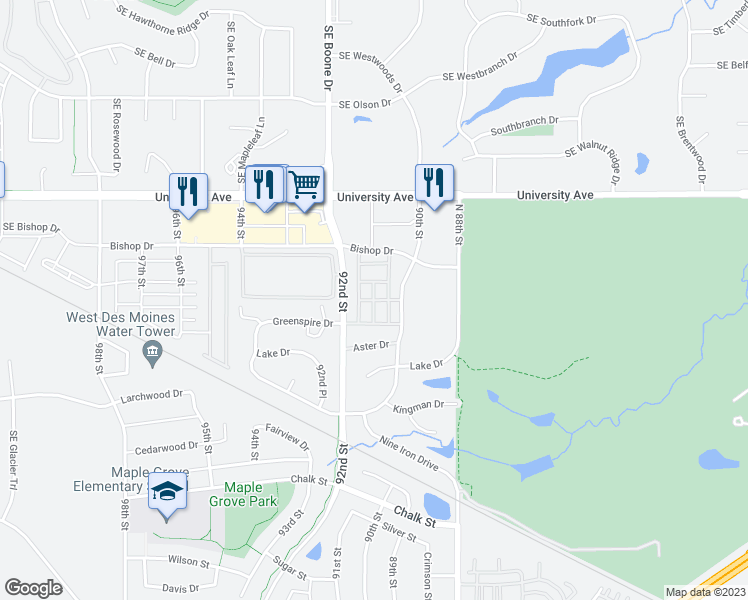 map of restaurants, bars, coffee shops, grocery stores, and more near Coneflower Drive in West Des Moines