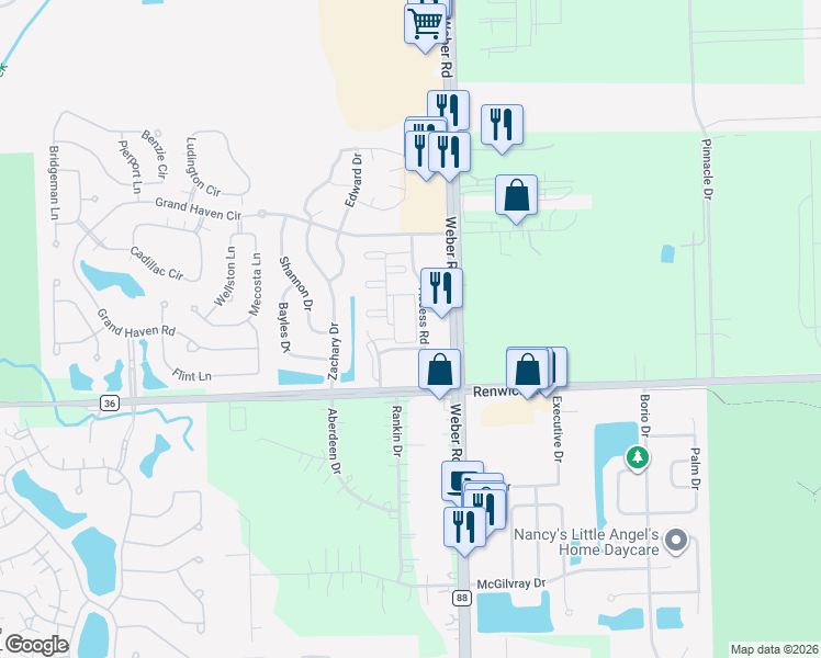 map of restaurants, bars, coffee shops, grocery stores, and more near 718 South Weber Road in Romeoville
