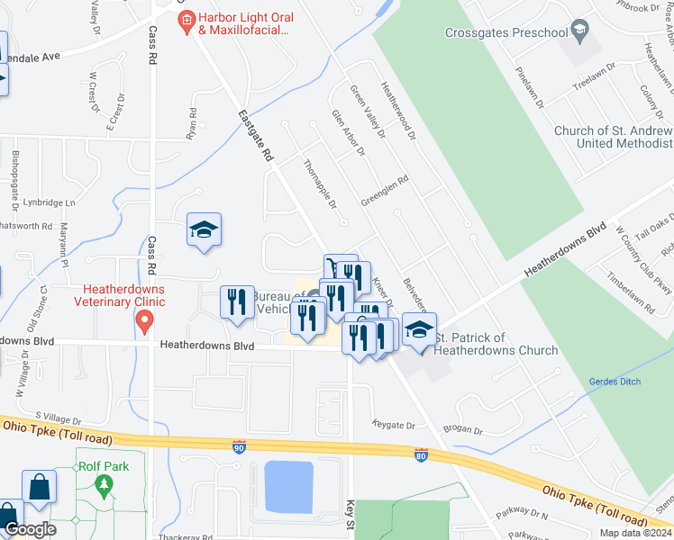 map of restaurants, bars, coffee shops, grocery stores, and more near 2342 Eastgate Road in Toledo