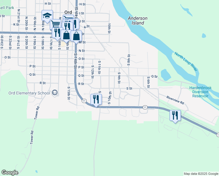 map of restaurants, bars, coffee shops, grocery stores, and more near 698 South 10th Street in Ord